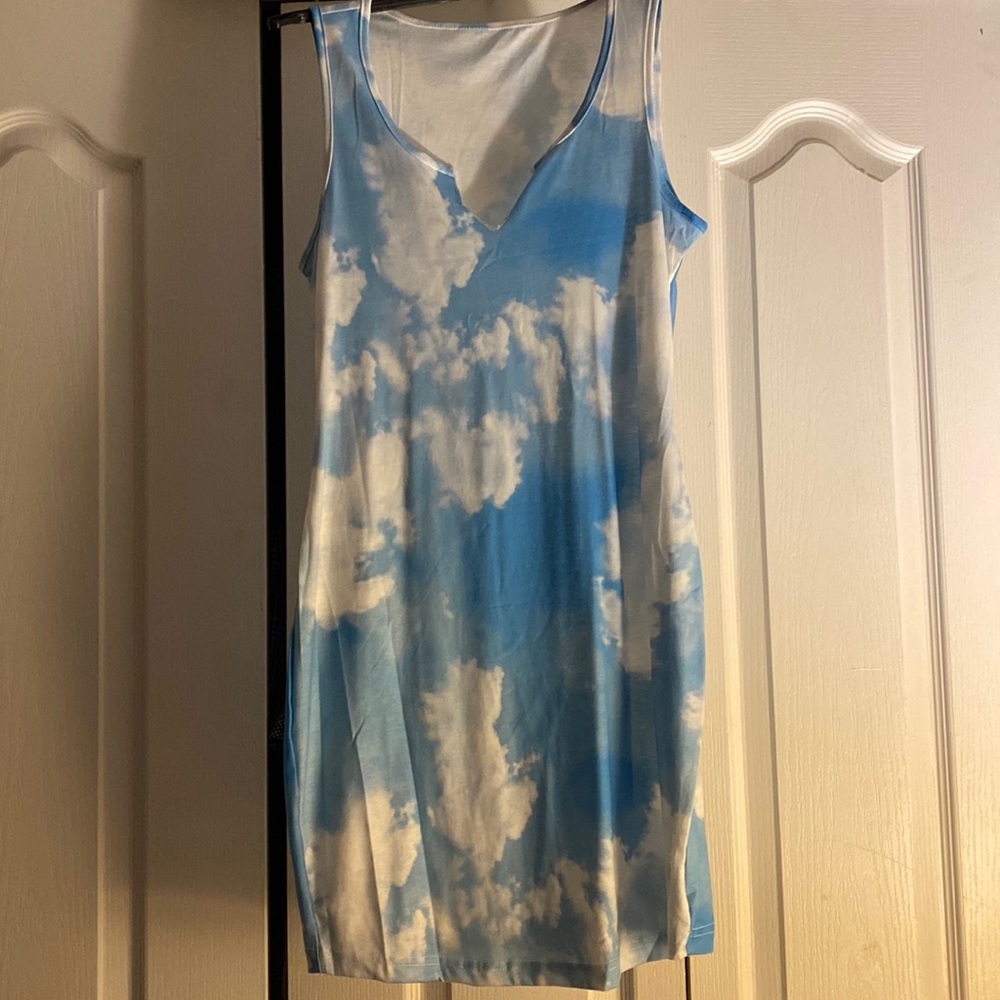 Fitted light blue & white v neck dress.